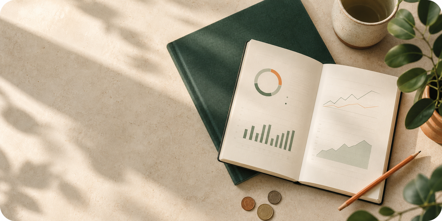 A warm desk scene with a green notebook and an open financial planner